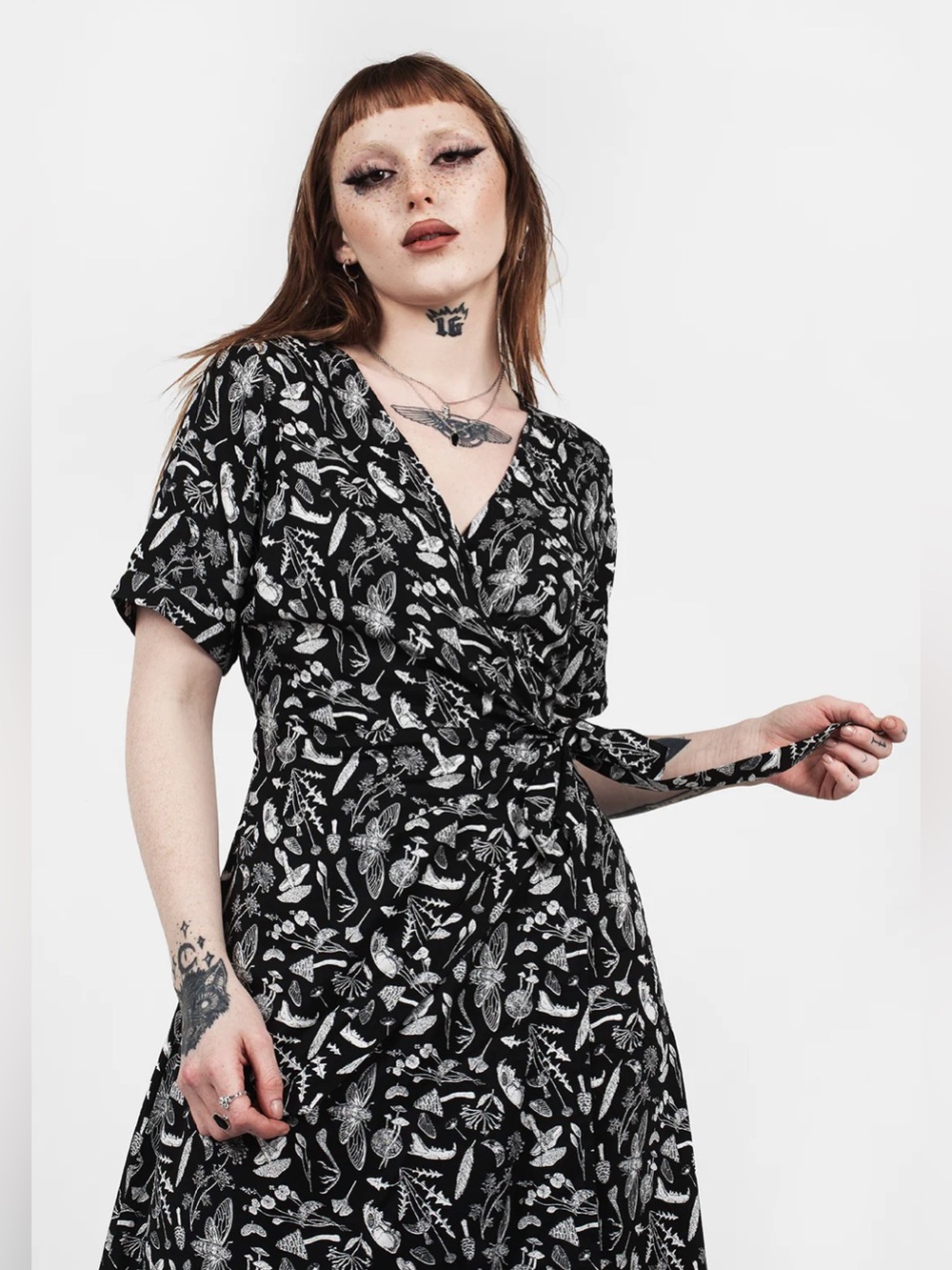 Disturbia Black Magick Insects Mushrooms Midi Faux Wrap Gothic Dress Size 10